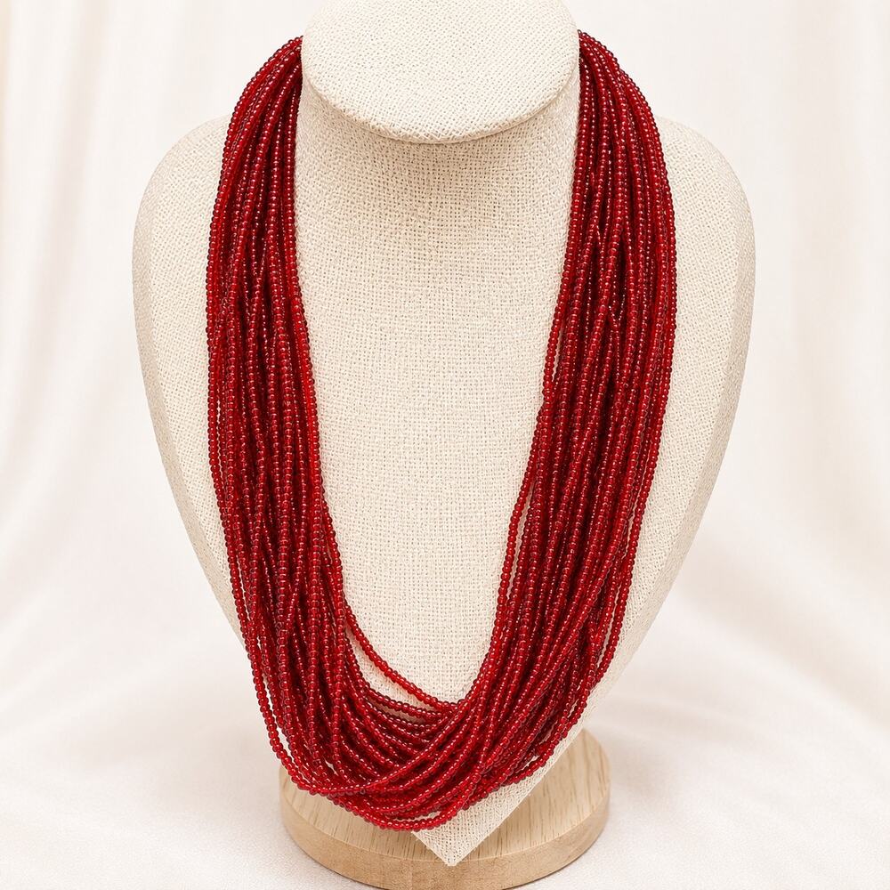 Red Multistrand Seed Bead Statement Necklace 20 Inch N649